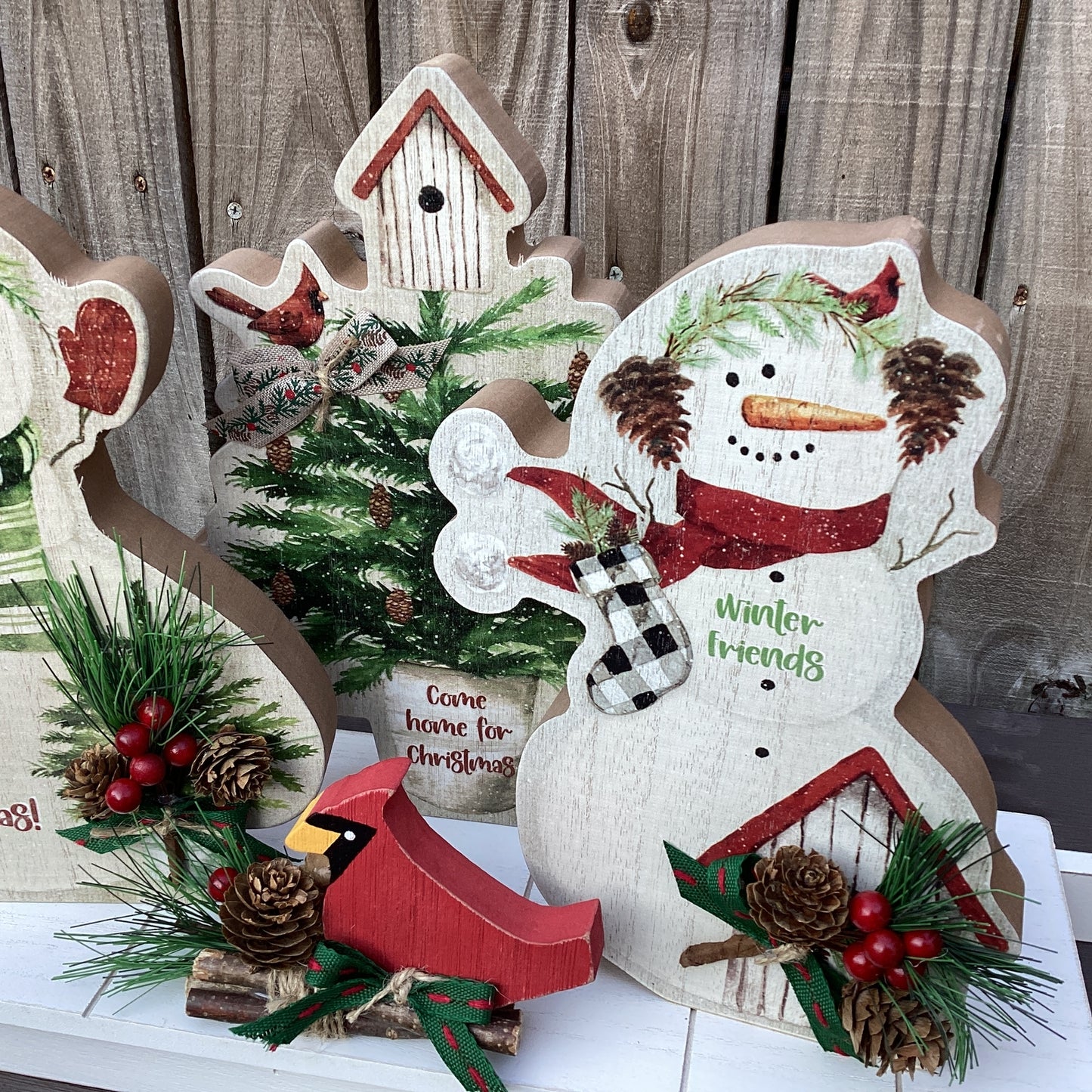 AGD Christmas Decor - Snowmen Cardinal on Sled Mantle Centerpiece 24inch
