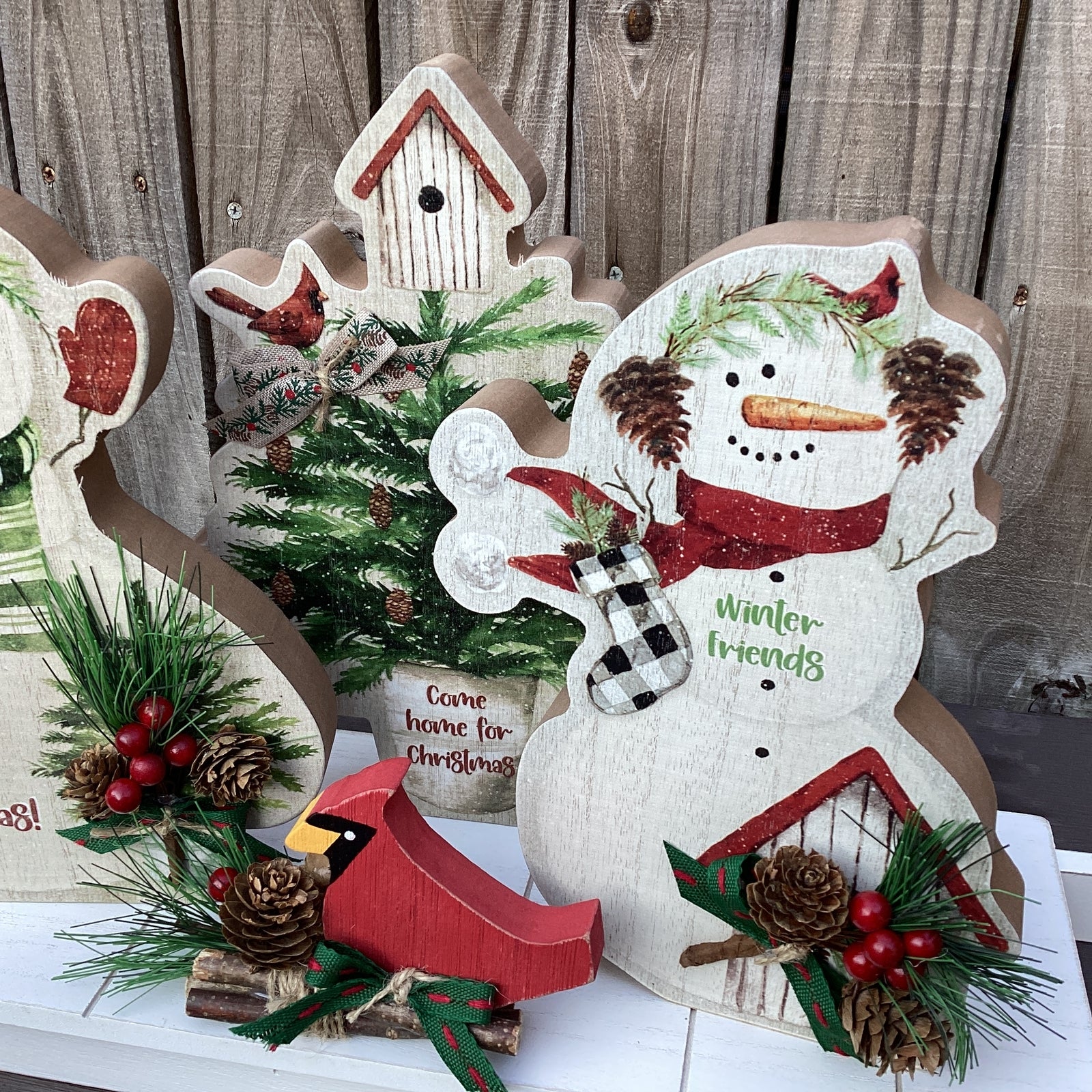 AGD Christmas Decor - Snowmen Cardinal on Sled Mantle Centerpiece 24inch