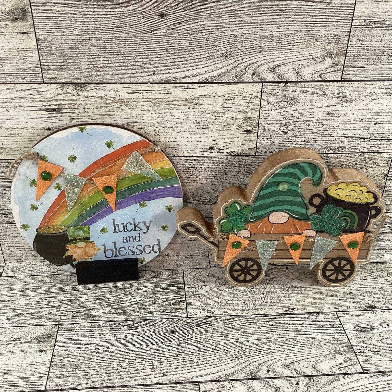 AGD St Patrick's Decor - Lucky Blessed Gnome Chunky Wagon Sign 2pc Set