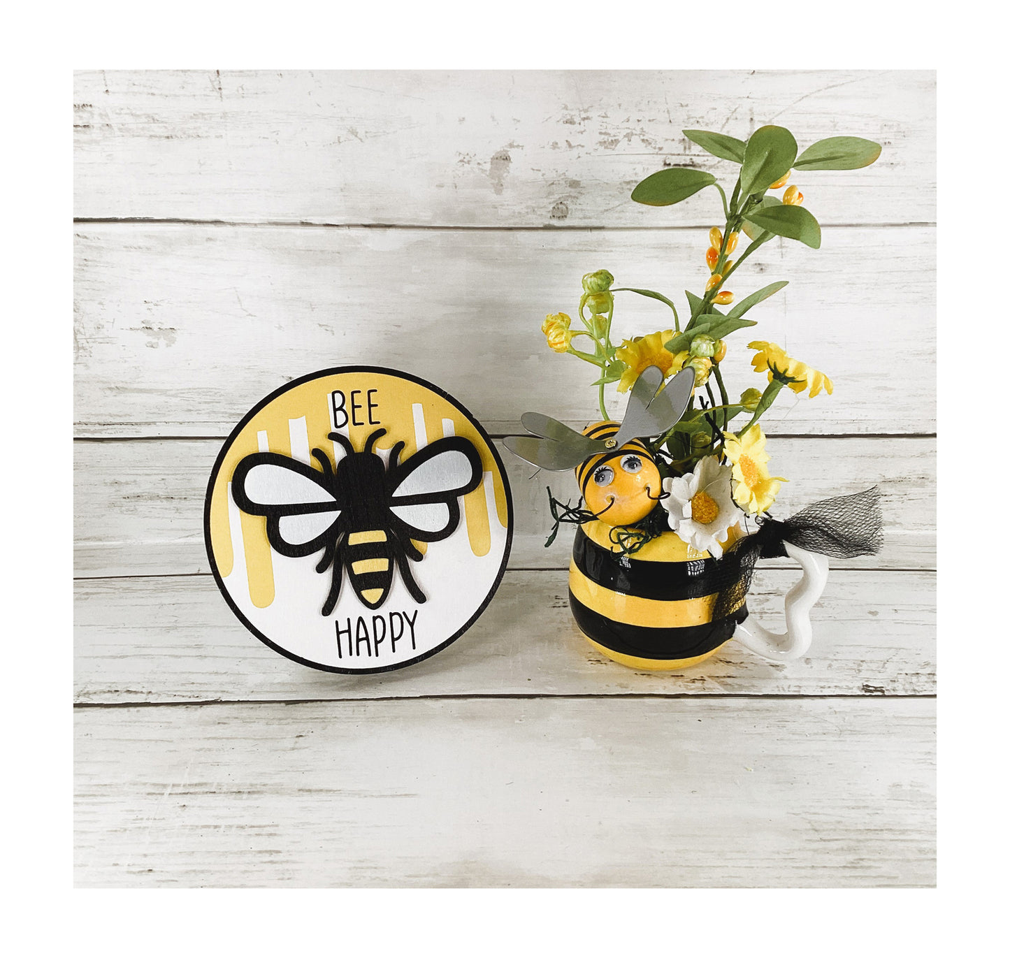 AGD Summer Decor - Bee Happy Theme Espresso Cup Flower Sign 2pc Set