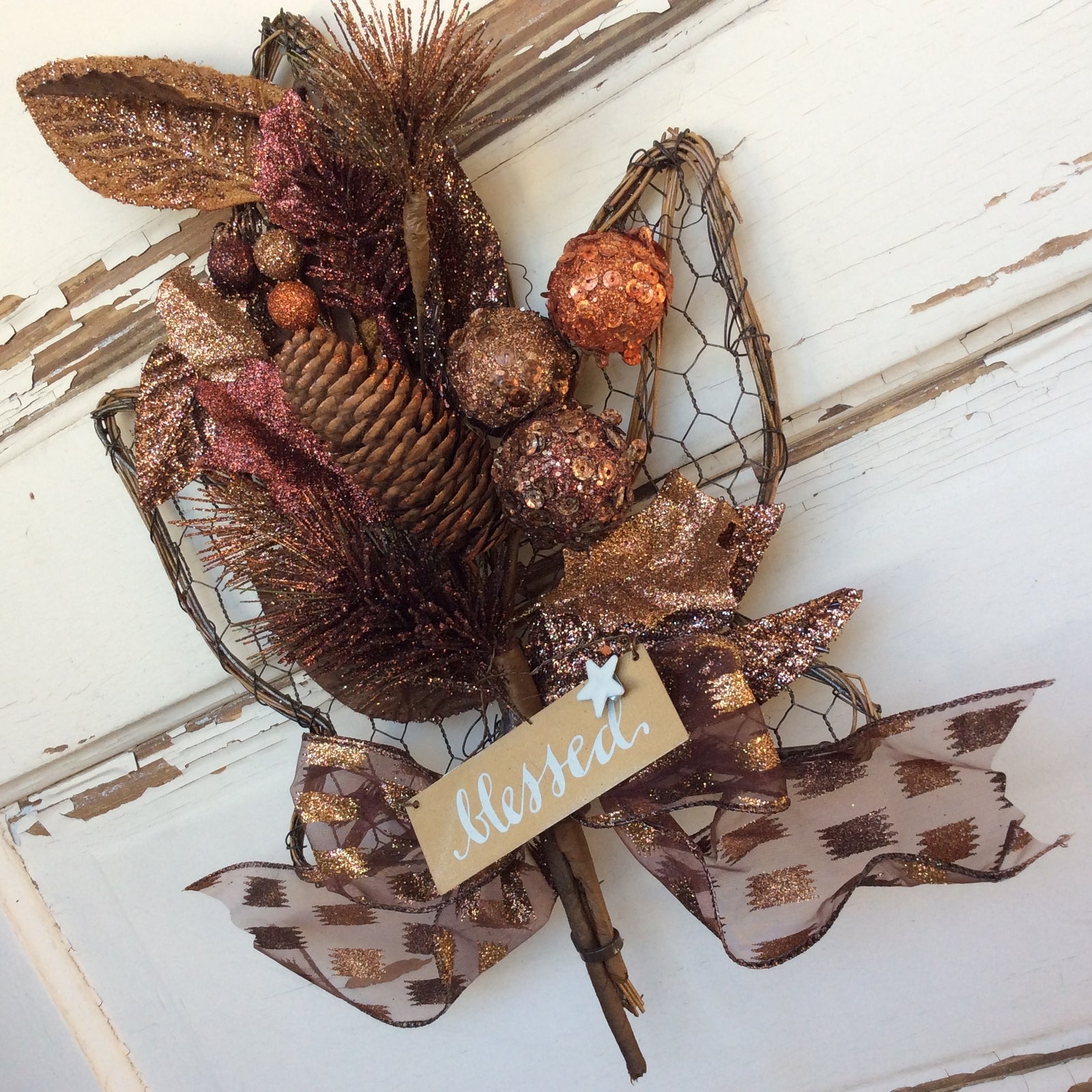 AG Designs Fall Harvest Decor – Blessed Bronze Glitter Grapevine Maple Leaf