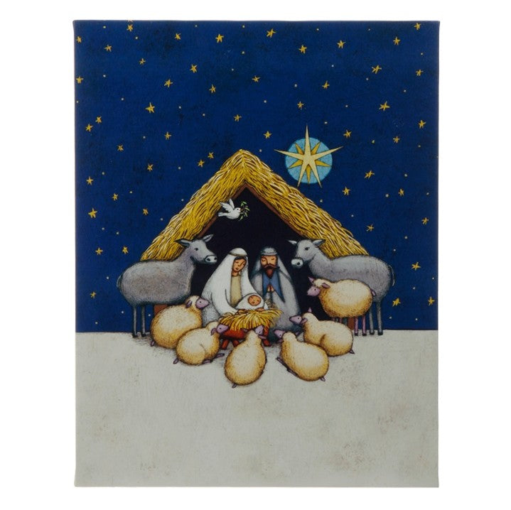 Raz Christmas Decor - Holy Nativity Prim Sheep and Family Lighted Print Art