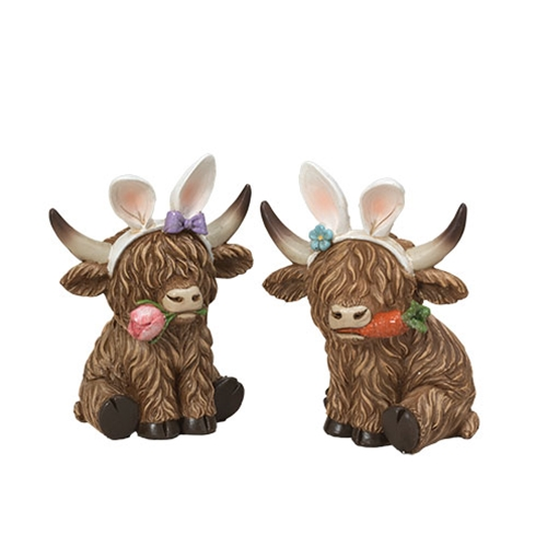 Easter Decor - Bunny Rabbit Resin Highland Cow Couple Figurine 2pc