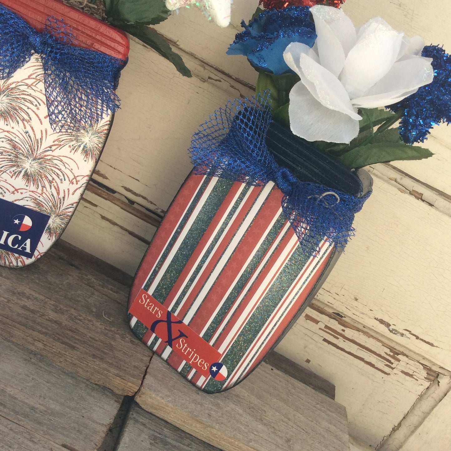 AGD Patriotic Decor - God Bless Stars Stripes Floral Wood Mason Jar 2pc Set