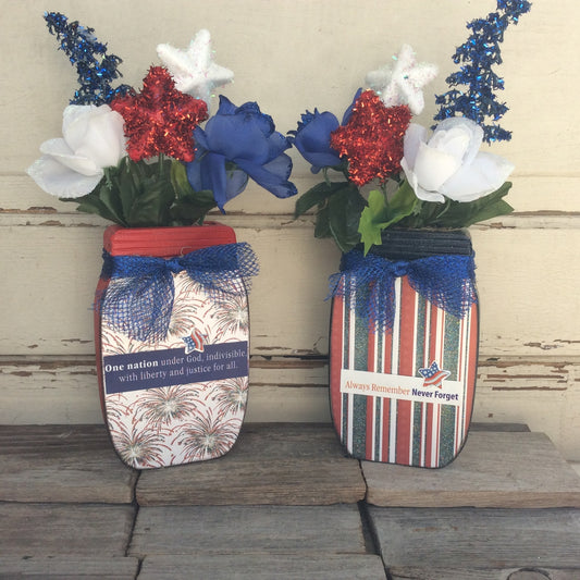 AGD Patriotic Decor - One Nation Sept 11th Floral Wood Mason Jar 2pc Set