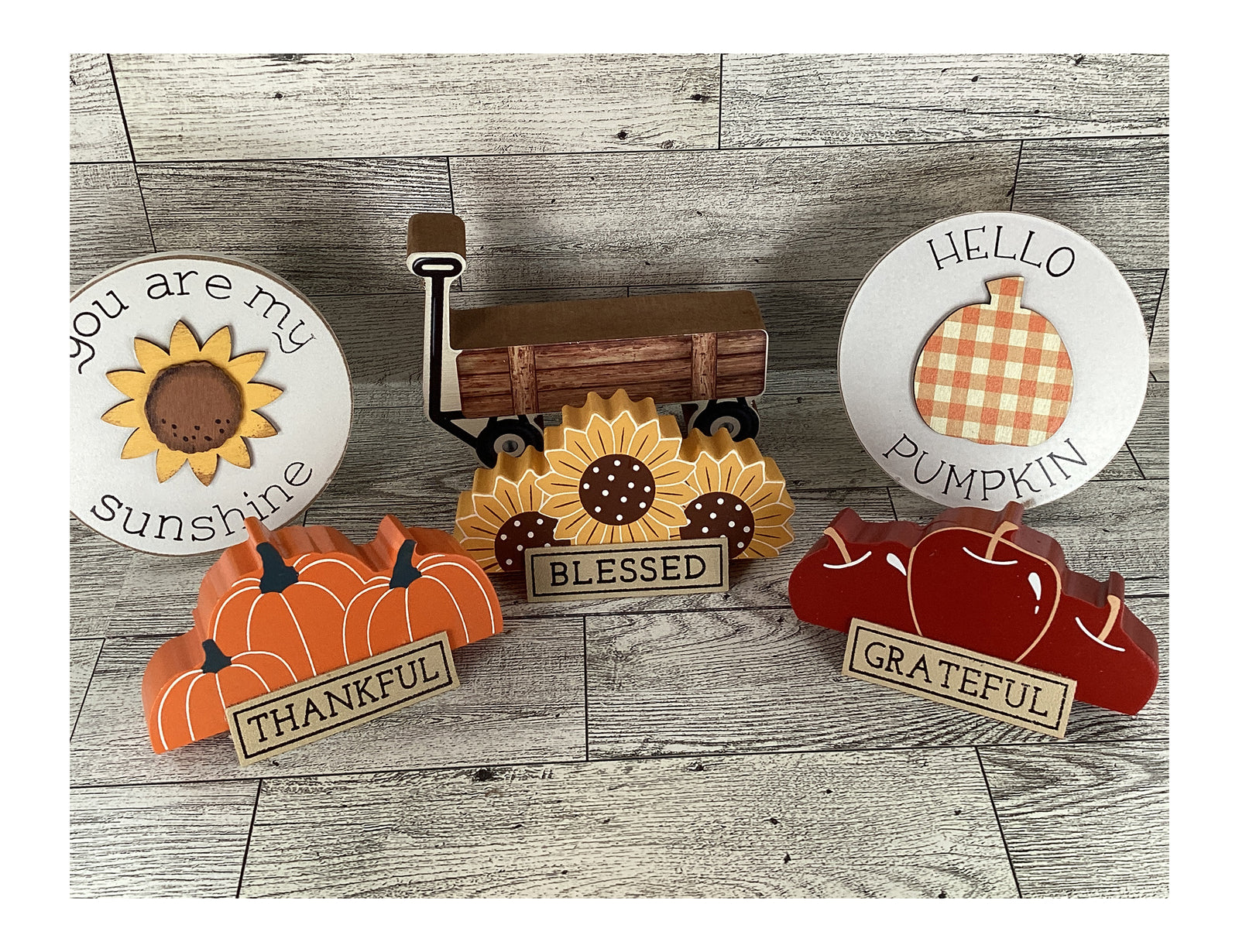 AGD Fall Decor - Chunky Wood Wagon Apple Sunflower Pumpkin Tier Tray