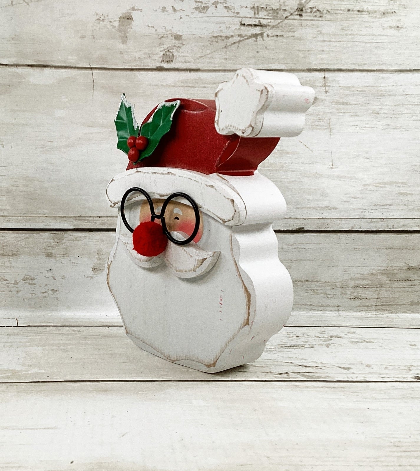 Christmas Decor - Chunky Wood Santa Head Sitter Tier Tray