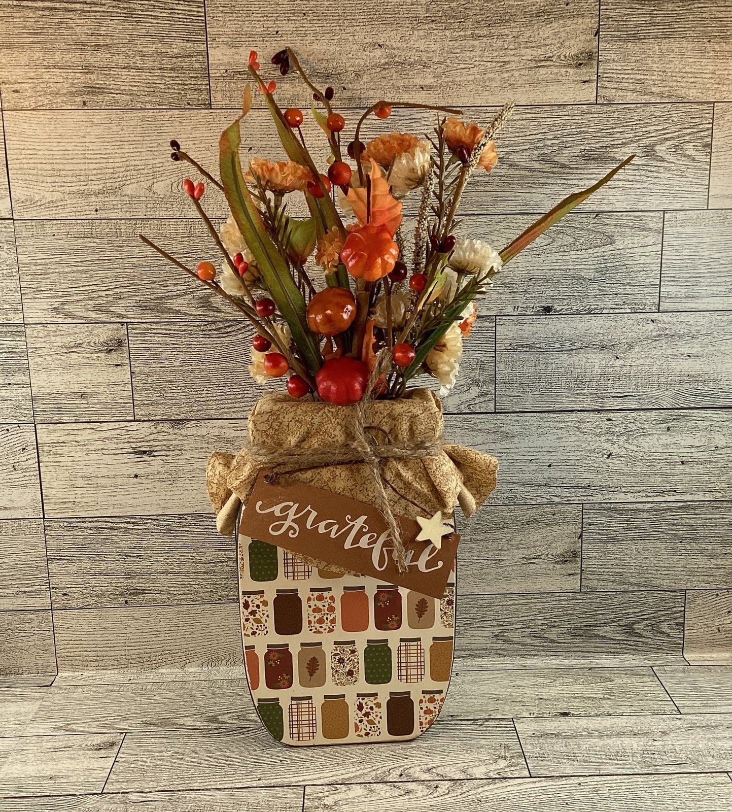 AGD Fall Decor - Autumn Grateful Thankful Floral Wood Mason Jar Display