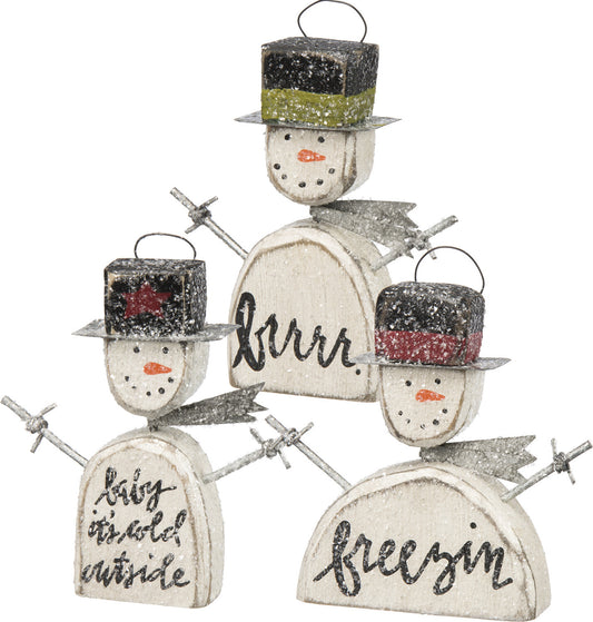 PBK Christmas Decor - Prim Chunky Snowmen Ornament Sitters 3PC