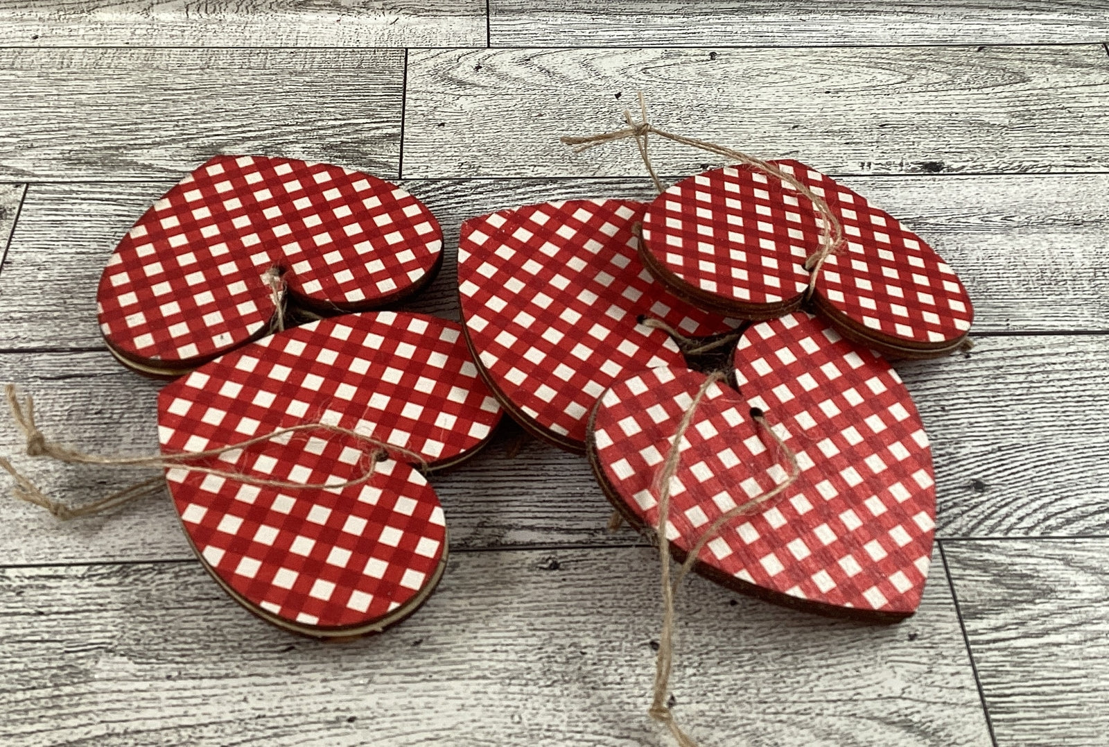 AGD Valentines Decor - Pink Red White Plaid Layer Wood Ornaments 13pc