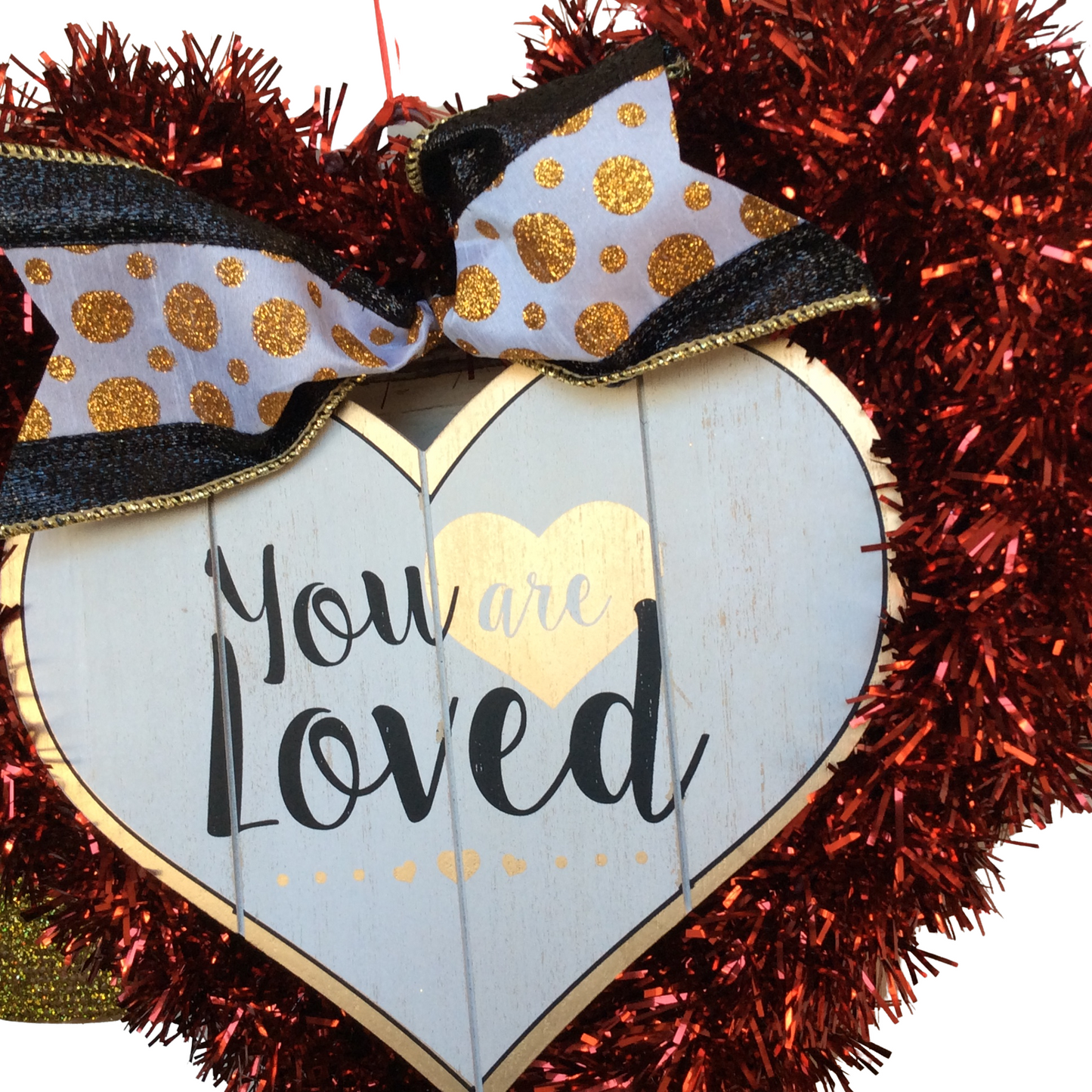 AGD Valentines Decor - Red White Black You Are Loved Heart Tinsel Wreath