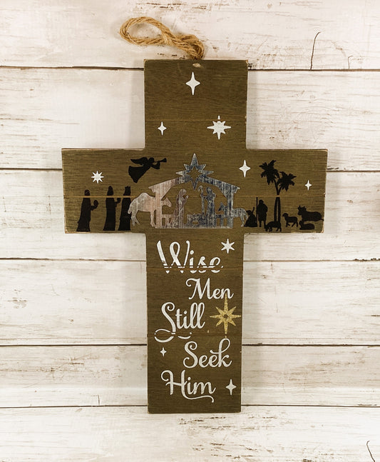WM Christmas Decor - Wise Men Seek Him Nativity Wall Cross 13in