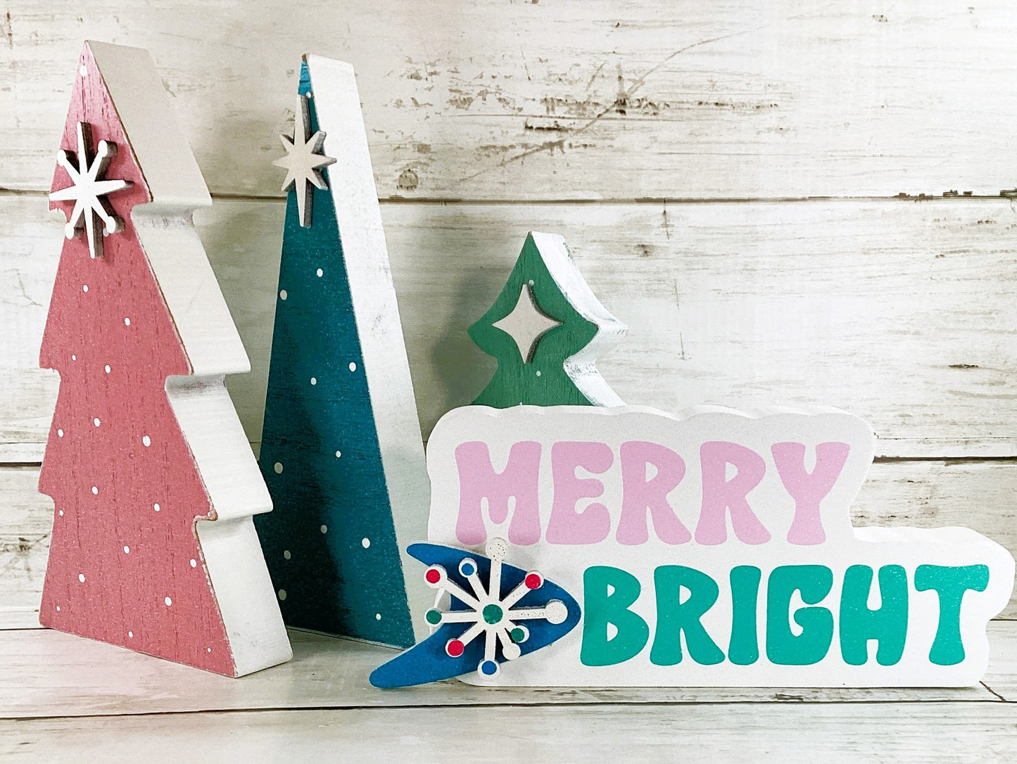 AGD Christmas Decor - Merry Retro Mid Century Wood Trees Tier Tray 4pc Set