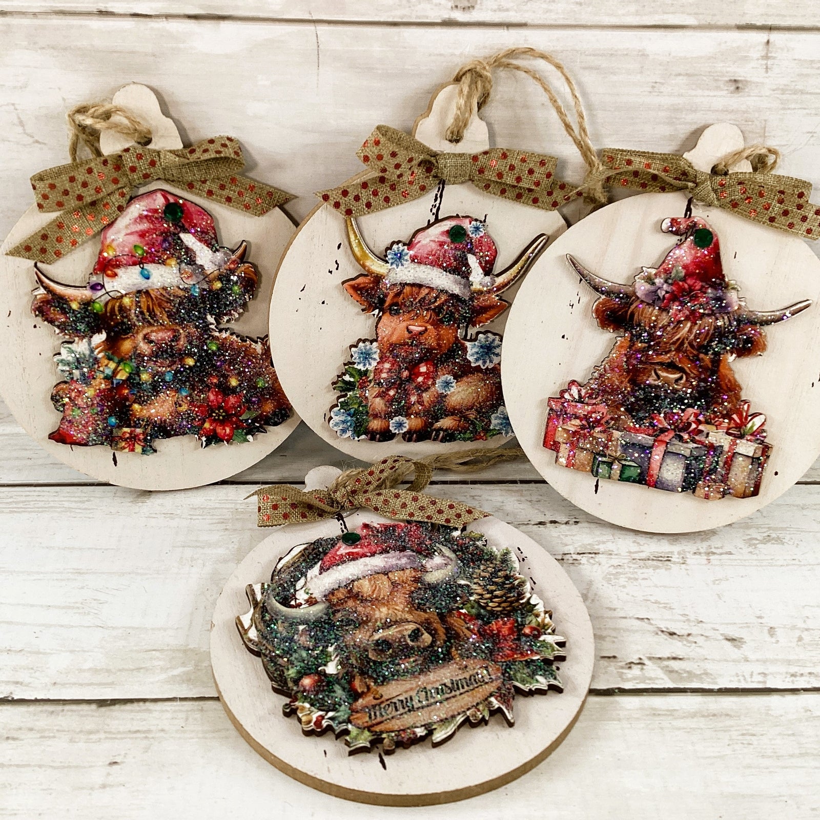 AGD Christmas Decor - Highland Scottish Cute Cow Ornaments 4pc Set