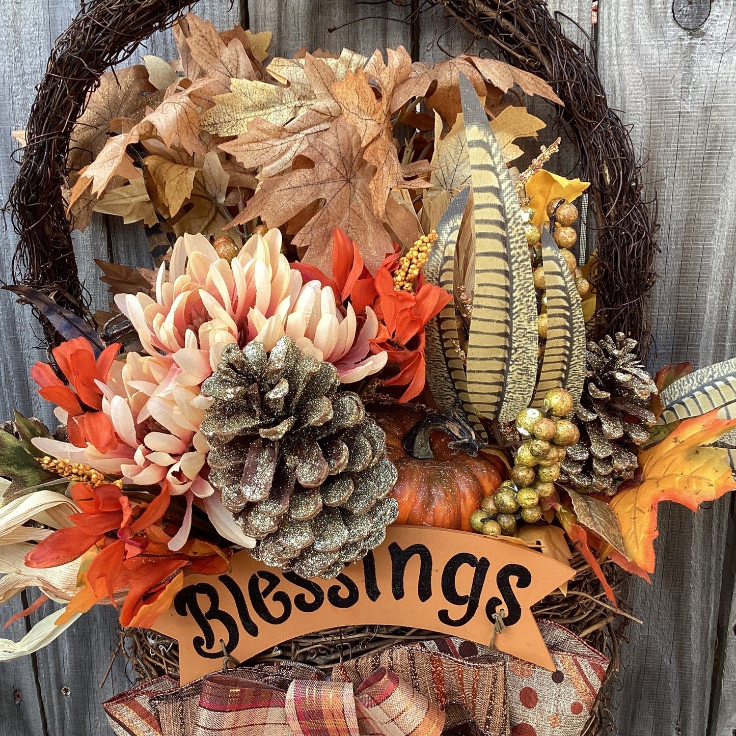 AGD Fall Decor - Large Blessings Grapevine Basket Harvest Floral Wreath