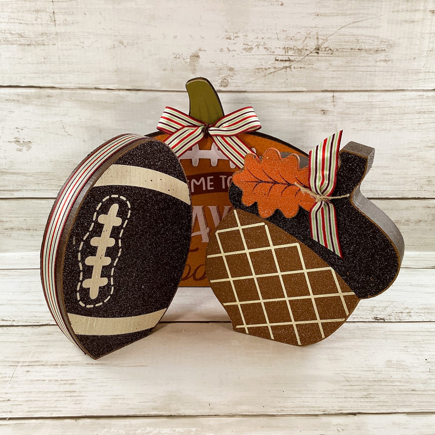 AGD Fall Decor - Time to Play Football Acorn Wood Sitters 3pc Set