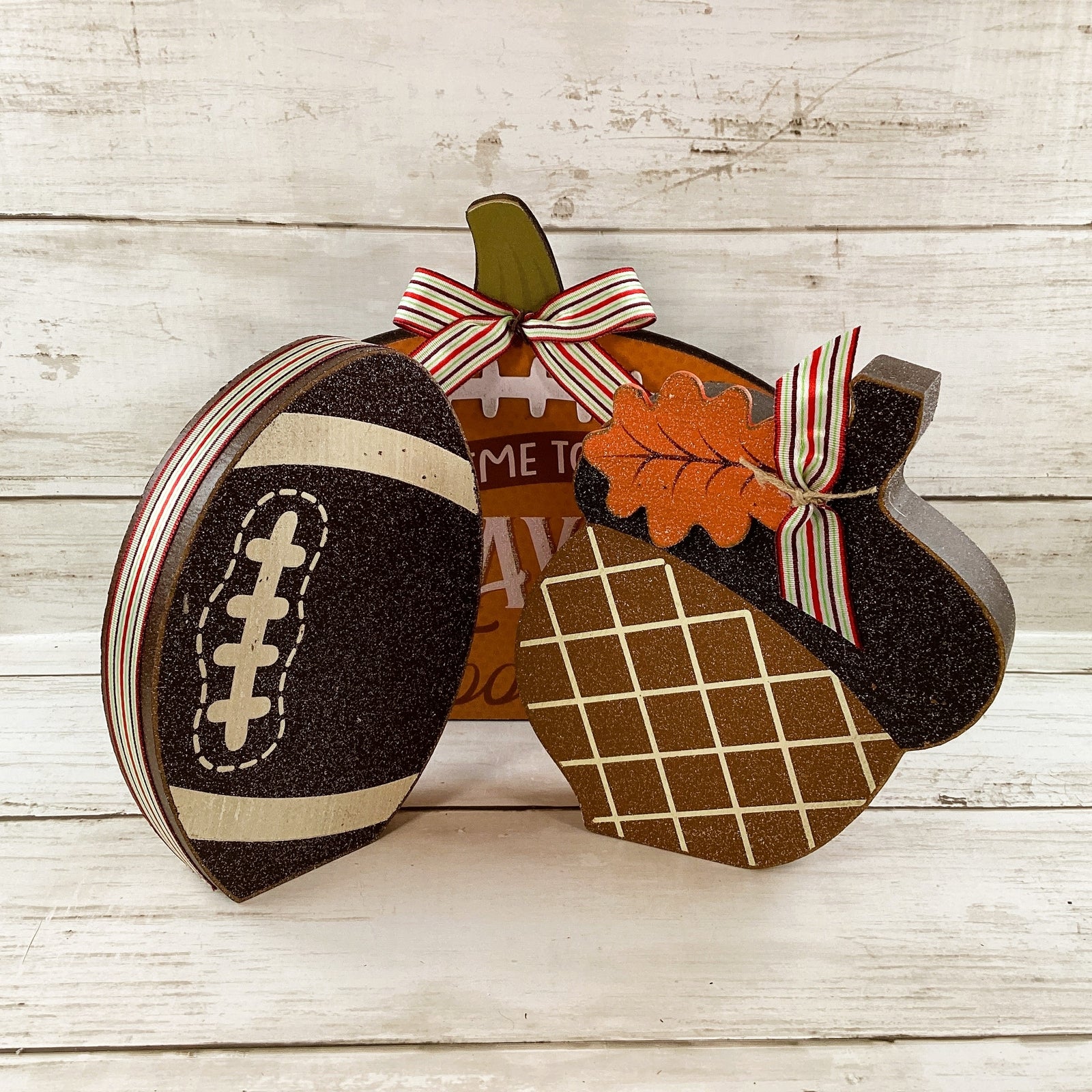 AGD Fall Decor - Time to Play Football Acorn Wood Sitters 3pc Set