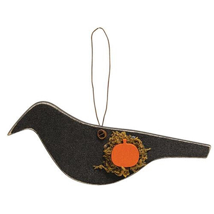 CWI Halloween Decor - Small Prim Black Crow with Pumpkin Ornament