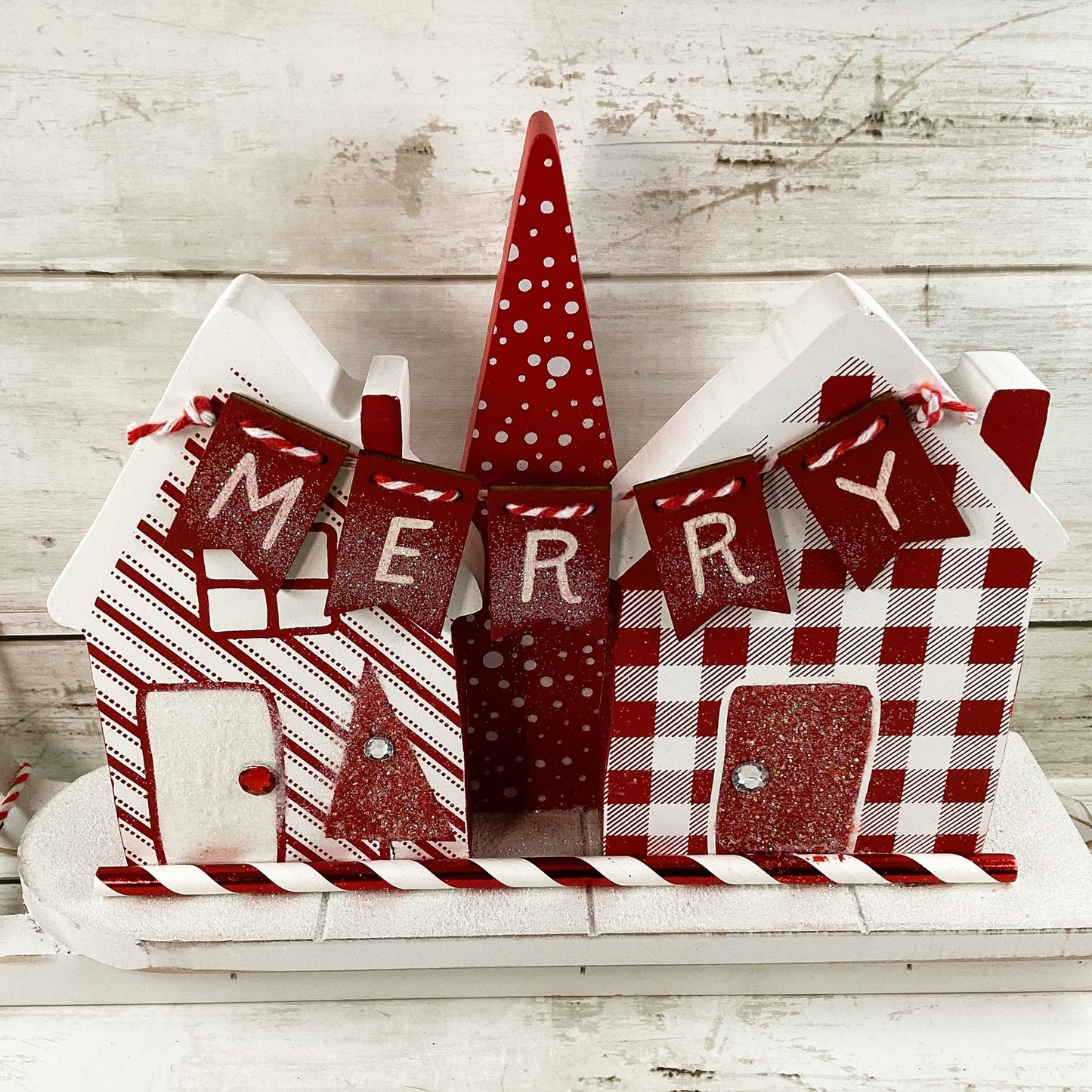 AGD Christmas Decor - Red White Peppermint House Tree Merry Sled