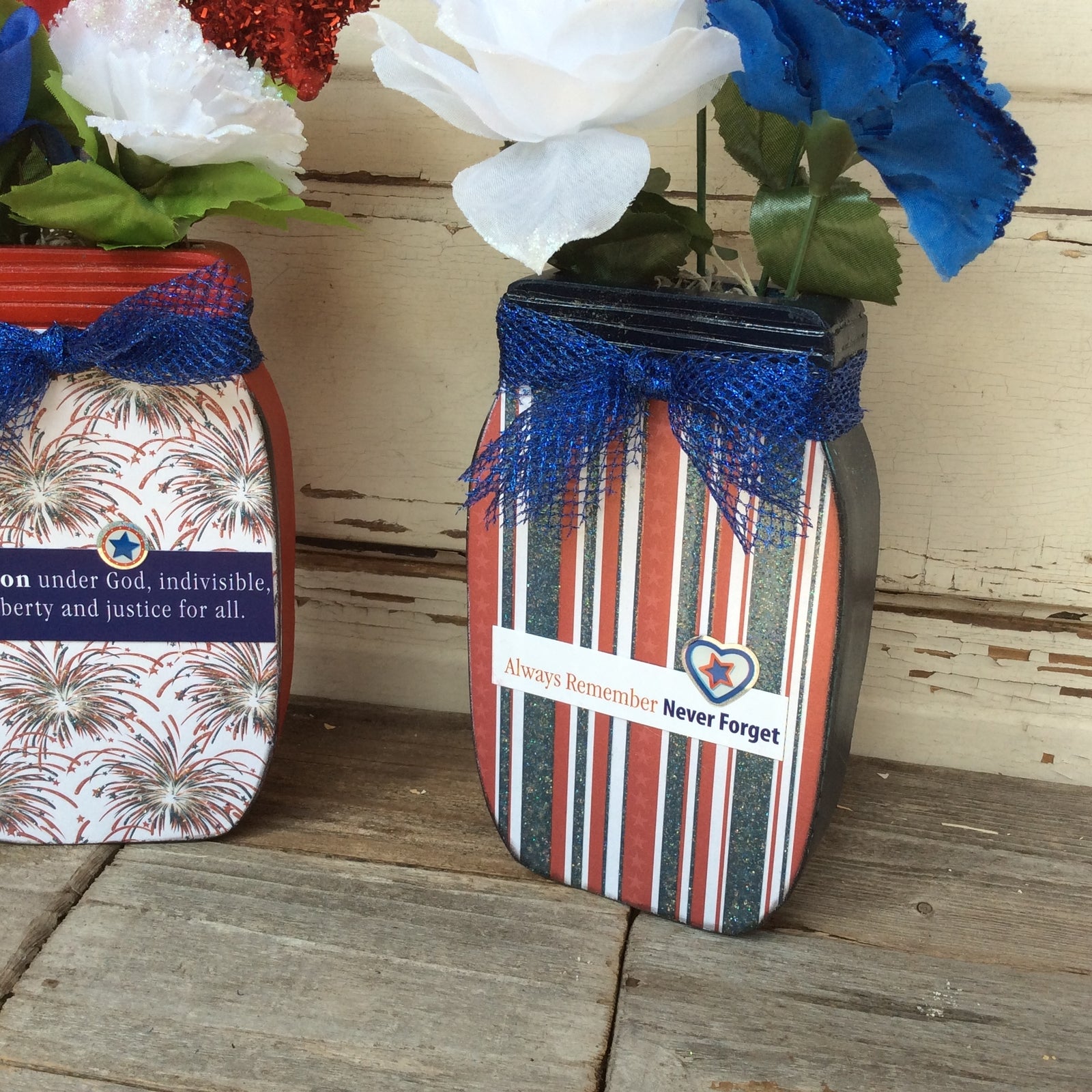 AGD Patriotic Decor - One Nation Sept 11th Floral Wood Mason Jar 2pc Set