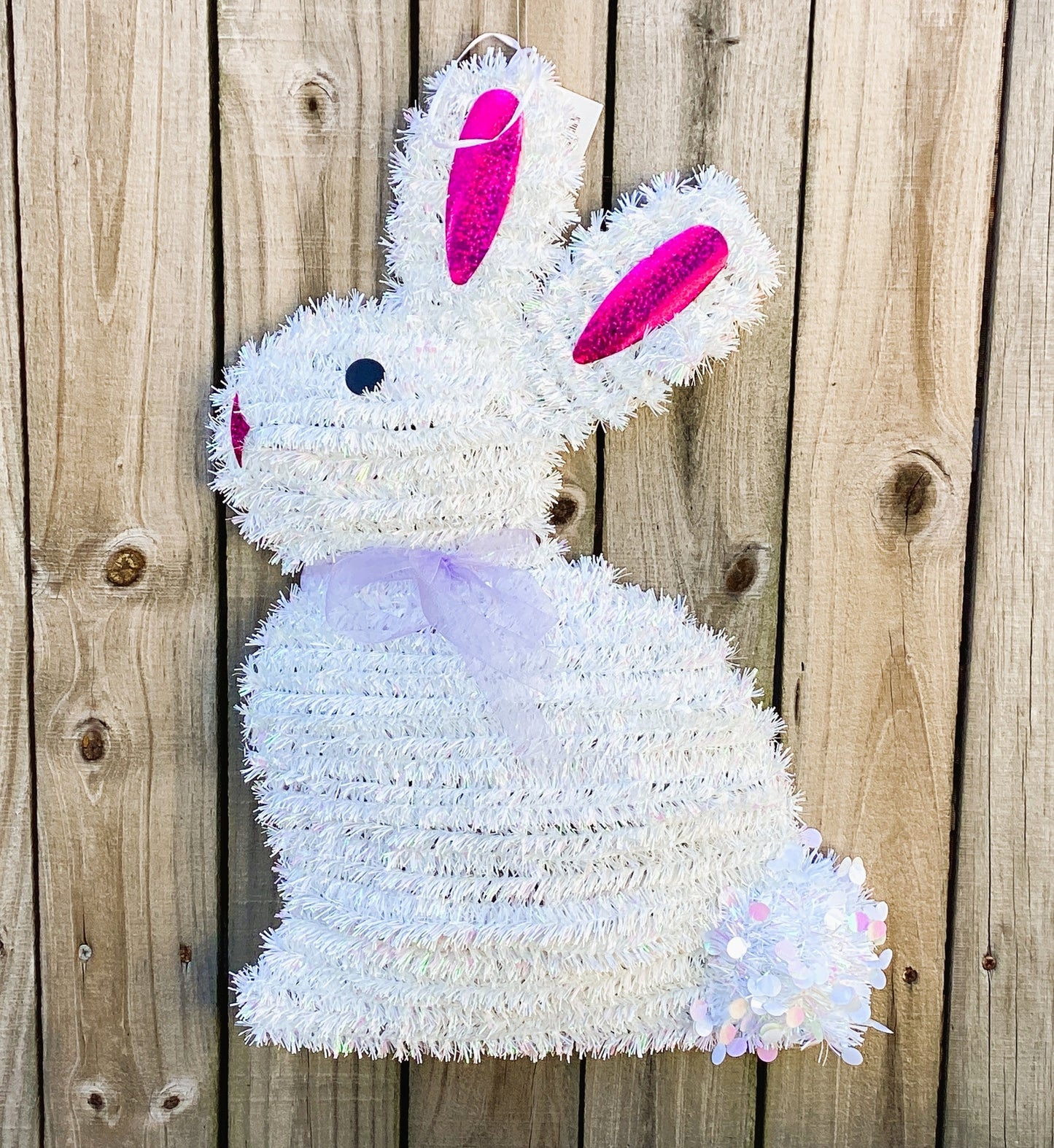 HL Easter Decor - Large White Tinsel Bunny Rabbit Wreath 20-inch