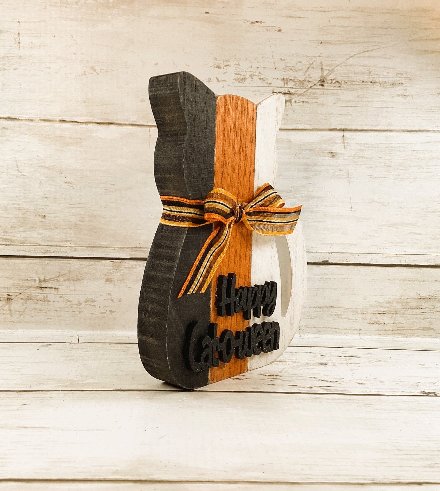 AGD Halloween Decor - Chunky Wood Black White Orange Slat Cat O Ween