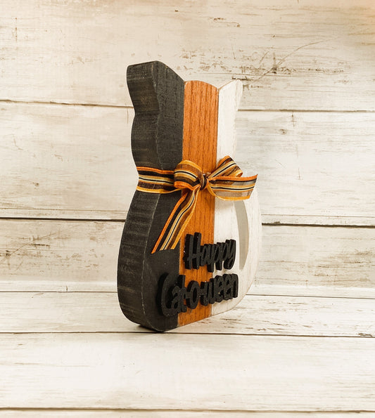 AGD Halloween Decor - Chunky Wood Black White Orange Slat Cat O Ween