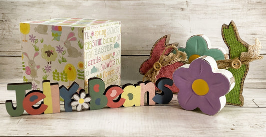 AGD Easter Decor - Jellybeans Block Signs Rabbit Spring Flowers Display