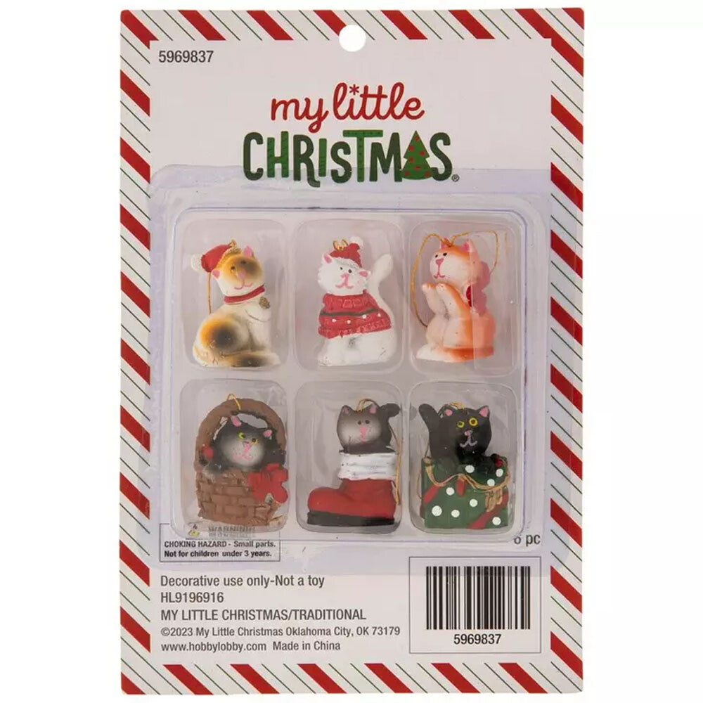 HL Christmas Decor - Mini Tree Resin Festive Cat Theme Ornaments 6pc Set