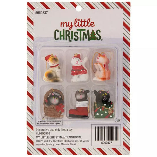 HL Christmas Decor - Mini Tree Resin Festive Cat Theme Ornaments 6pc Set