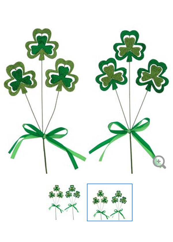 HL St Patrick Days Decor - Green Glitter Irish Shamrock Floral Picks 2 Sets