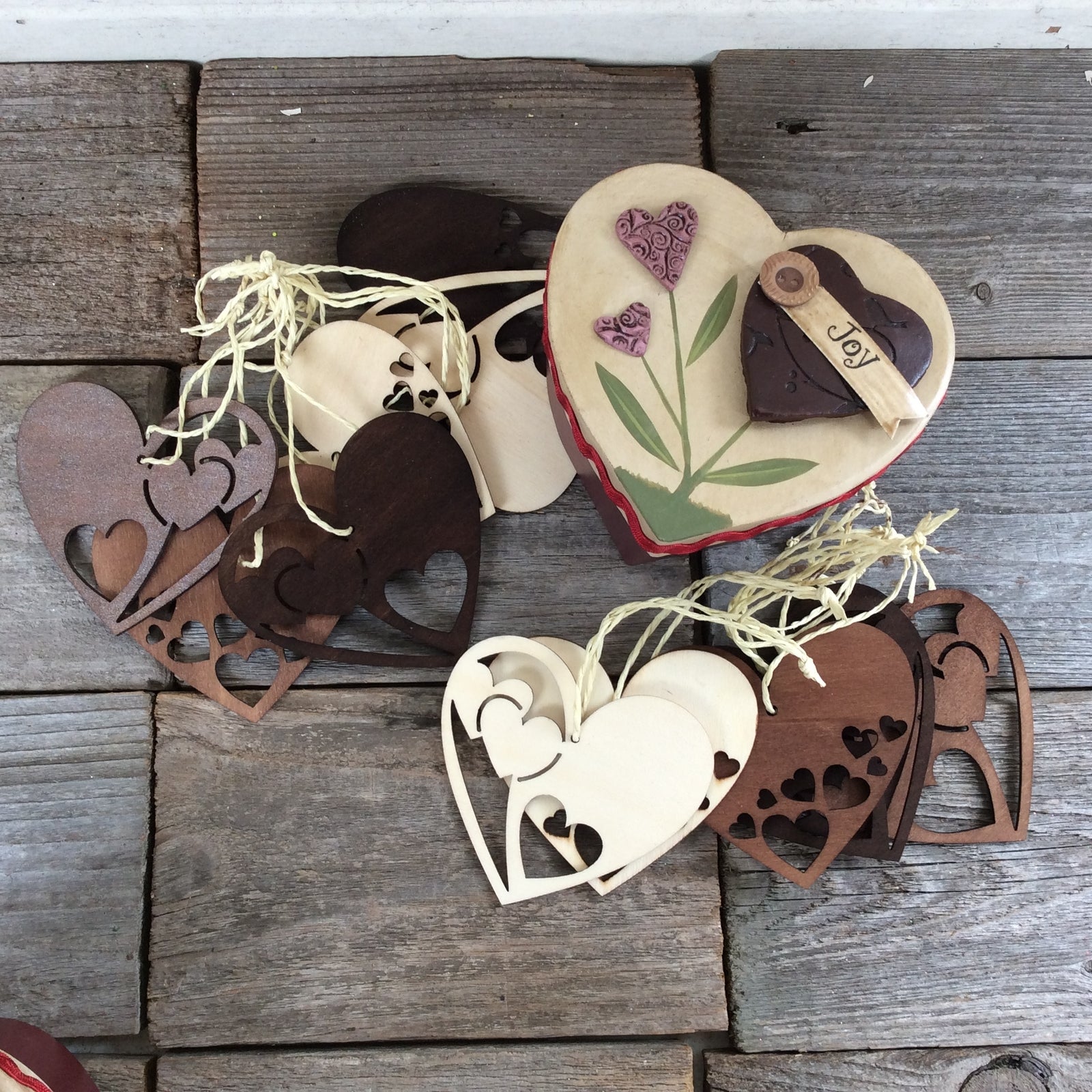 AGD Valentines Decor - Wood Stain Heart Ornaments 12pc Set