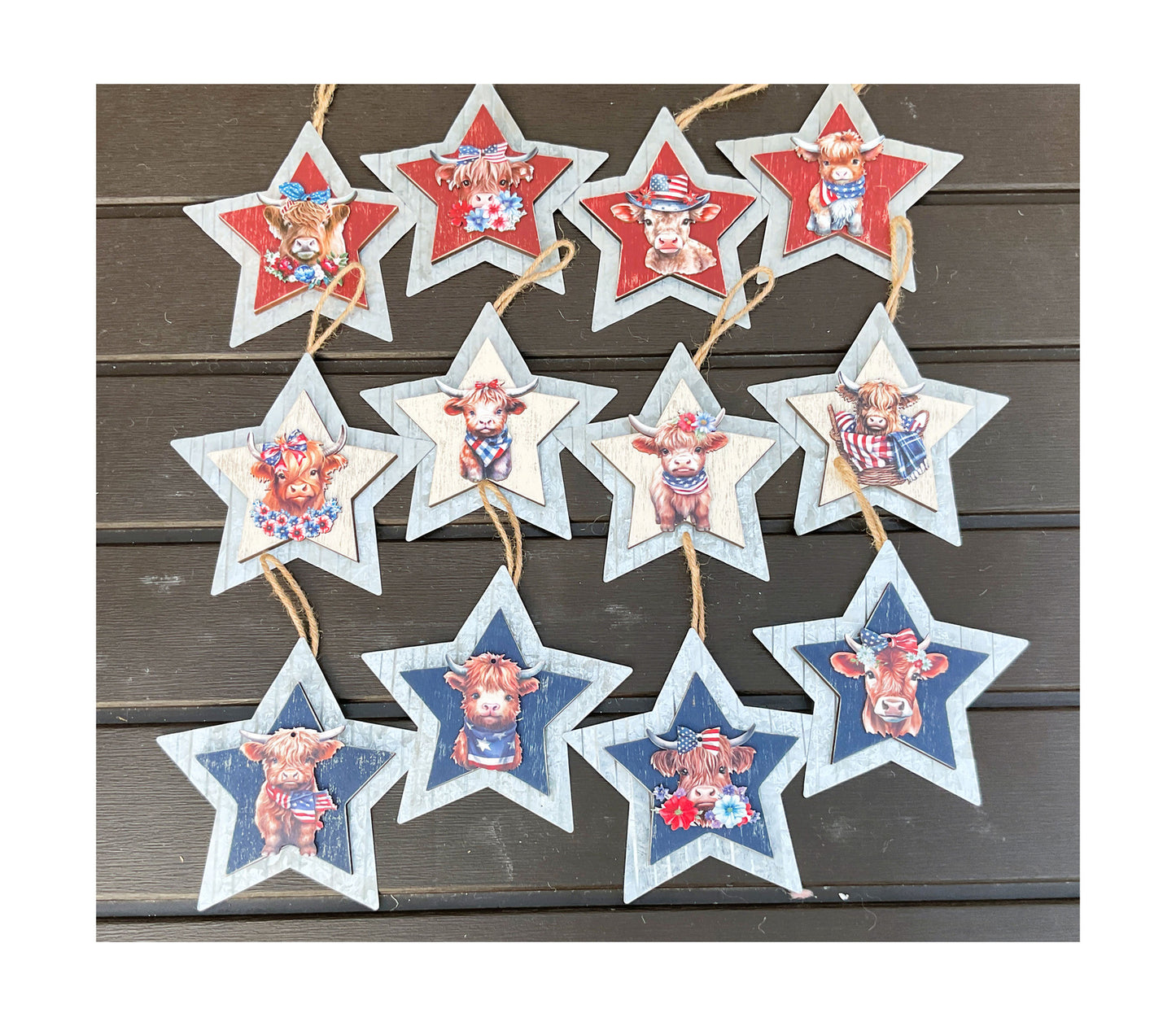 AGD Patriotic Decor - July 4th Highland Cow Metal Star Ornaments 12pc Set