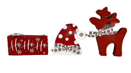 AGD Christmas Decor - Red White Peppermint Santa Hat Reindeer 3pc