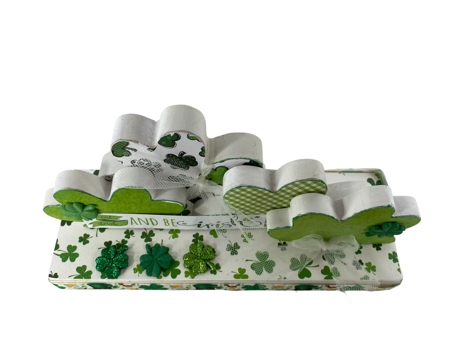 AGD St Patricks Decor - Eat Drink Irish Chunky Wood Shamrock Tabletop Display