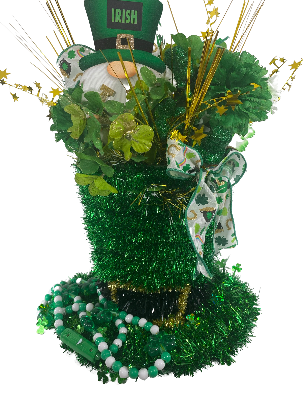 AGD St Patrick's Decor - Large Green Lighted Tinsel Tophat Centerpiece