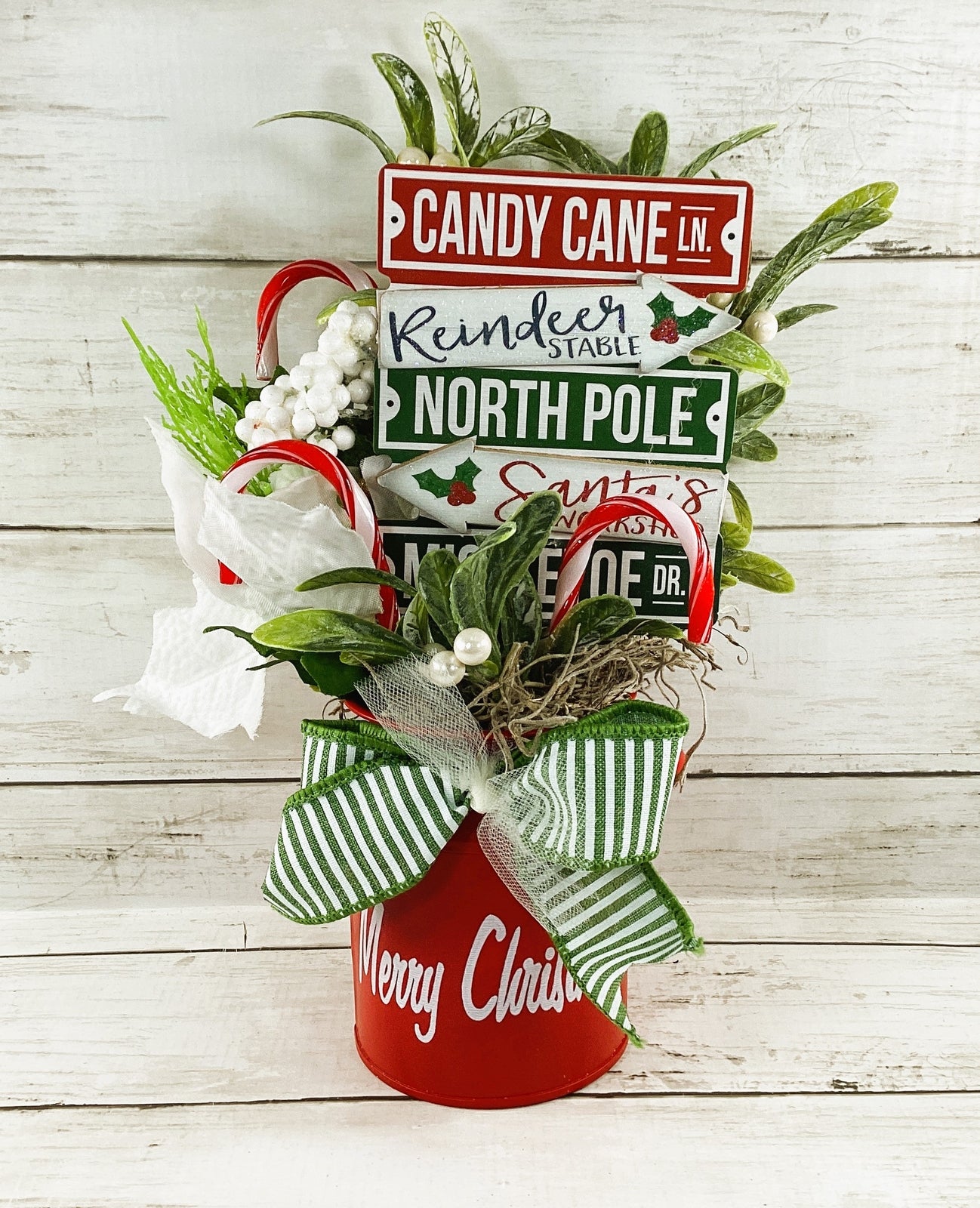 AGD Christmas Decor - Candy Cane Mistletoe Direction Metal Floral Milk Can