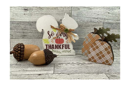 AGD Fall Decor - Chunky Wood Thankful Squirrel Pumpkins Resin Acorns 5pc