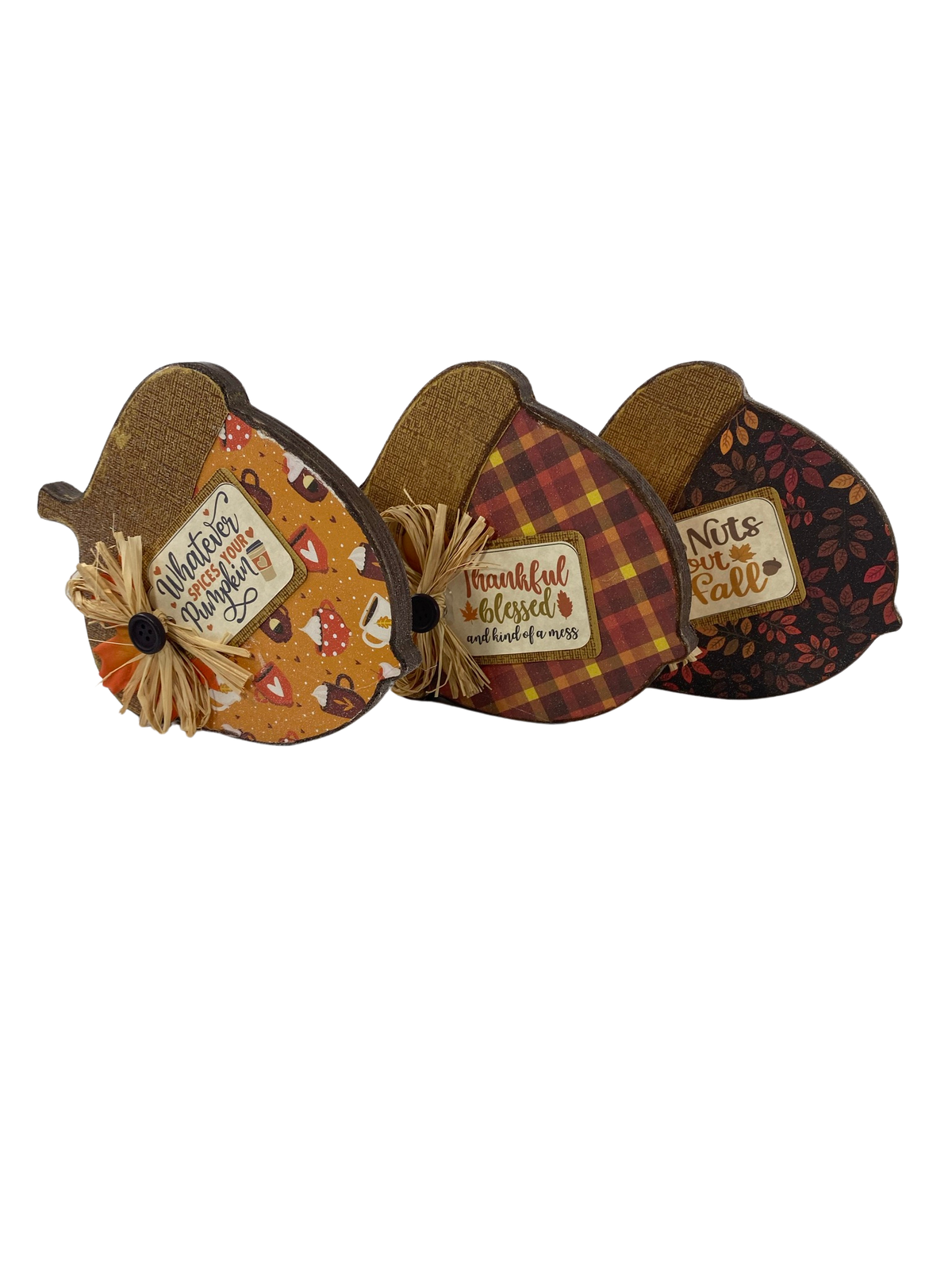 AGD Fall Decor - Snarky Autumn Sayings Reversible Chunky Acorn Sitters 3pc Set