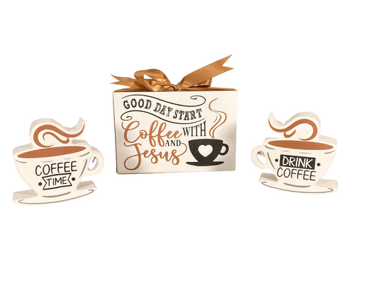 AGD Fall Decor - Jesus Coffee Time Cups Block Sign 3pc Set
