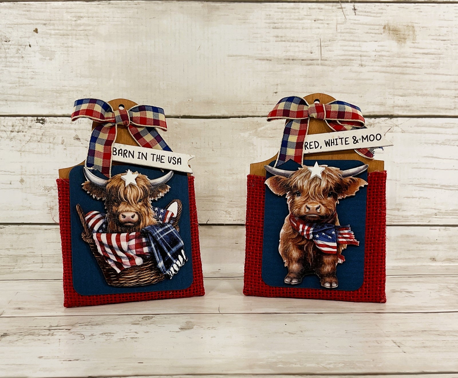 AGD Patriotic Decor- July 4th Red White Moo Highland Cow Signs 2pc