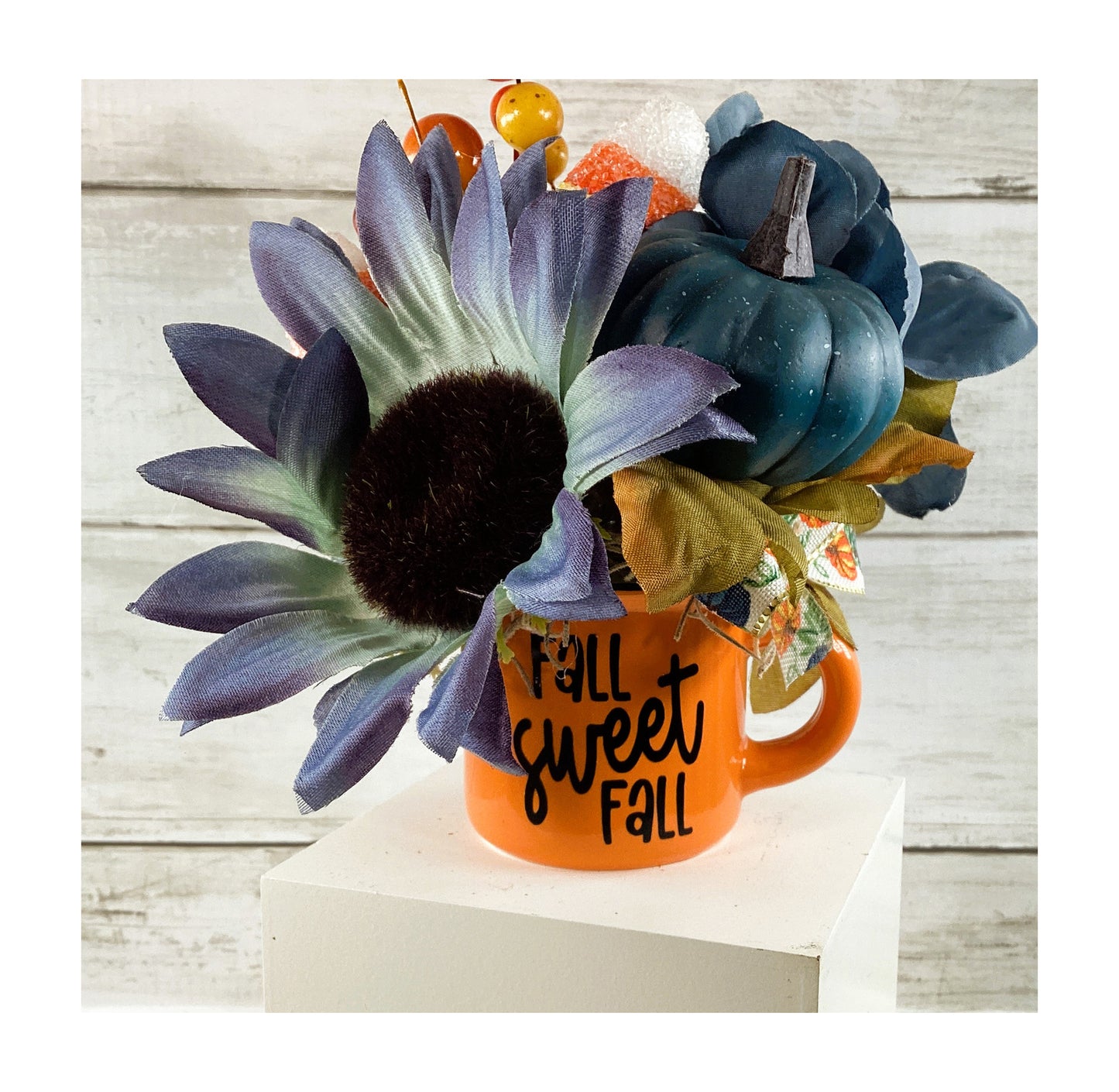 AGD Fall Decor - Small Espresso Coffee Cup Blue Sunflower Floral Display