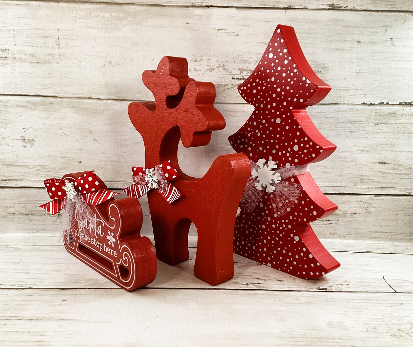 AGD Christmas Decor - Red White Tree Santa Sled Reindeer 3pc