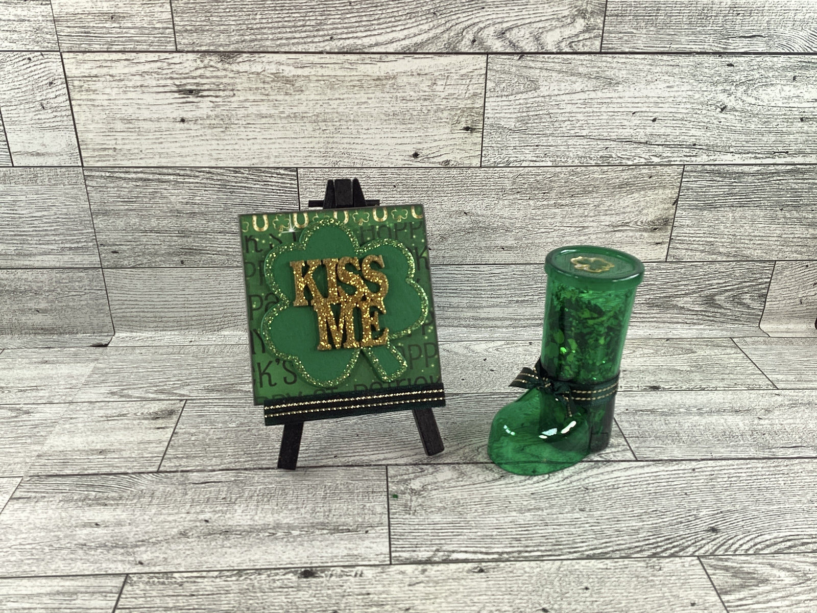 AGD St Patricks Day Decor -  Kiss Me Mini Easel Sign Shaker Boot 2pc