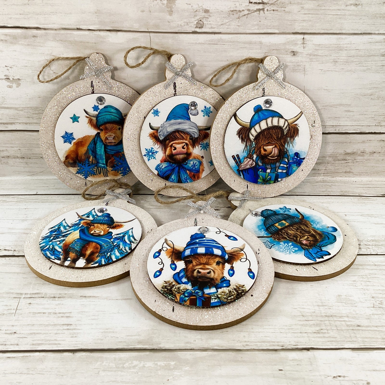 AGD Christmas Decor -  Blue Highland Scottish Cow Ornaments 4pc Set