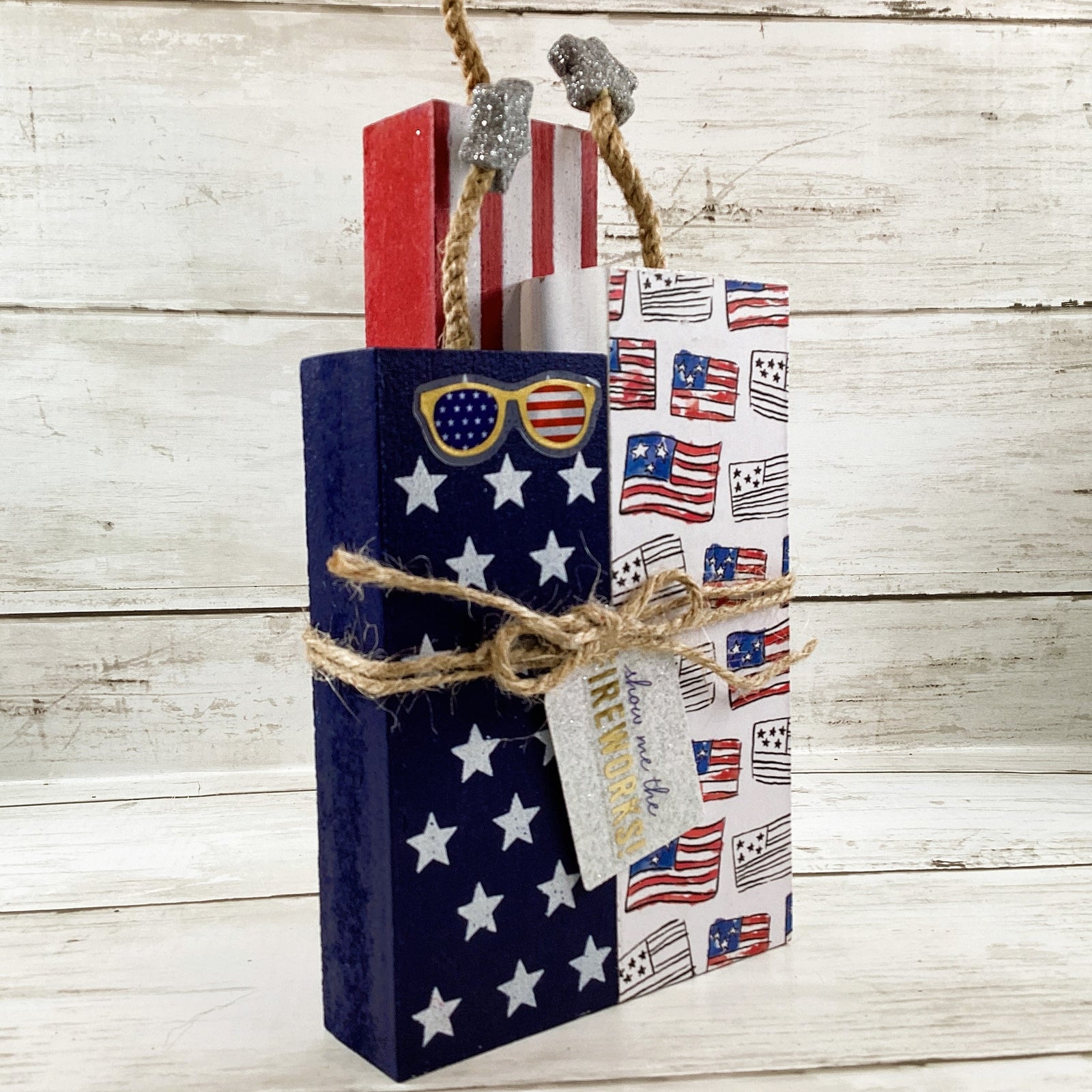 AGD Patriotic Decor - July 4th Chunky Wood Show Me Firecracker Block Sign