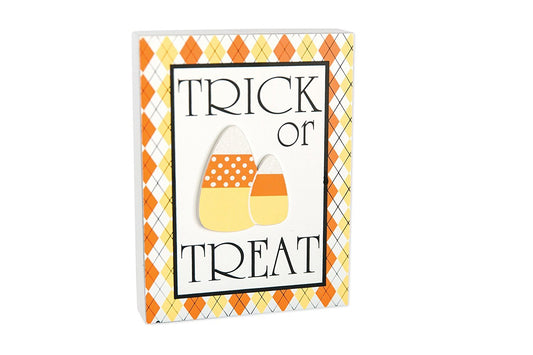 Adams & Co. Halloween Decor - Trick or Treat Candy Corn Plaid Sign
