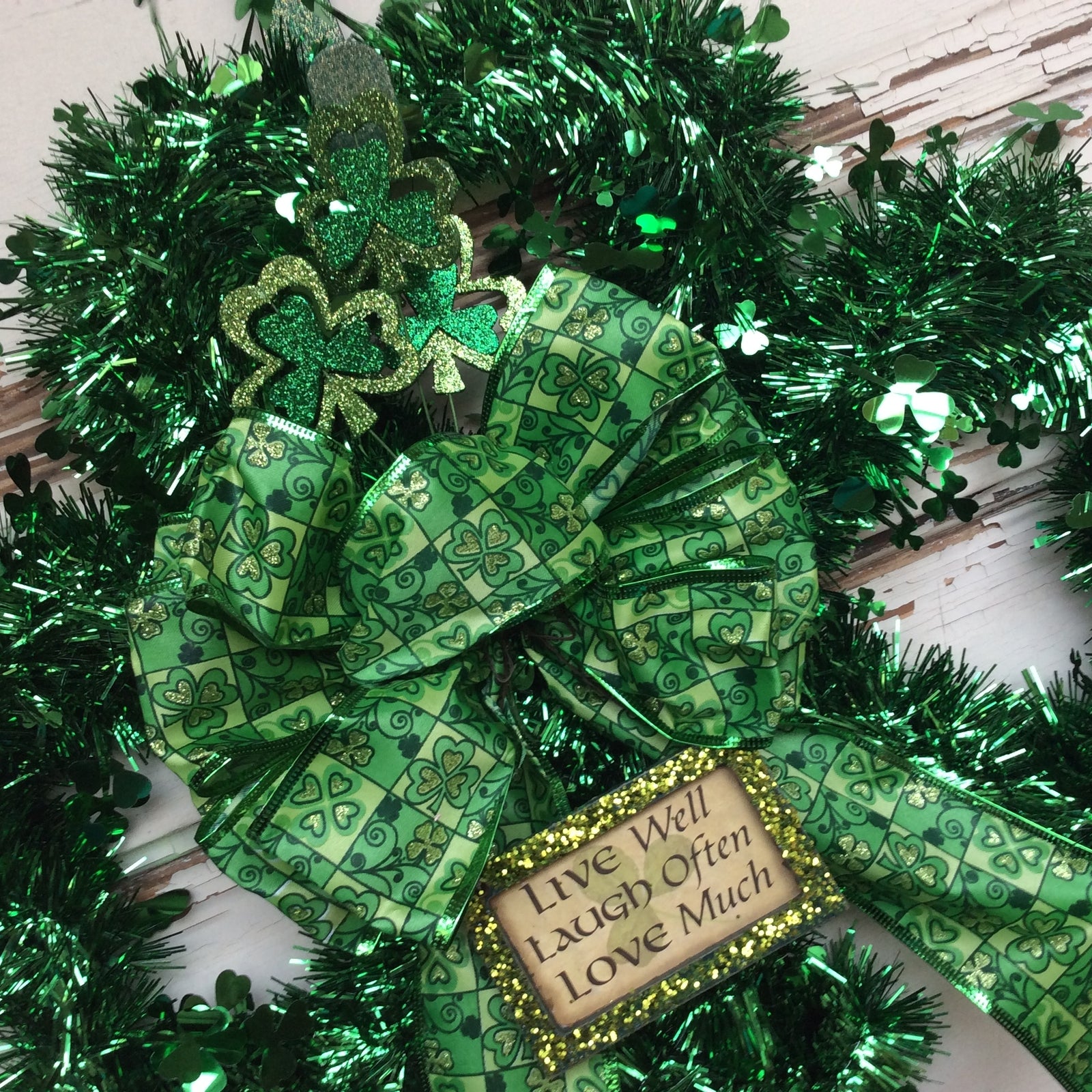 AGD St Patrick's Day Decor - Green Tinsel Shamrock Live Love Laugh Wreath