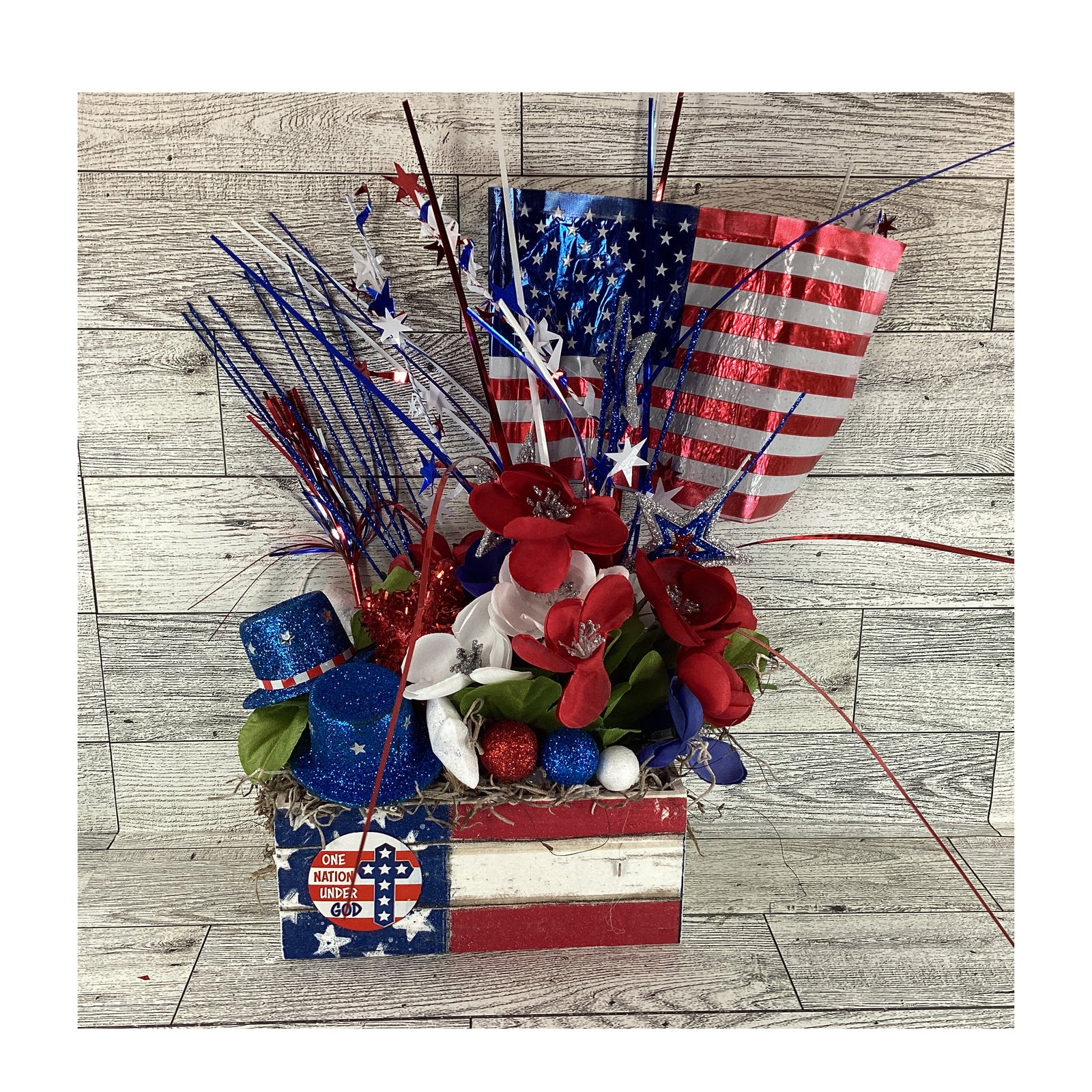 AGD Patriotic Decor - American Flag Floral Wood Crate Floral Display
