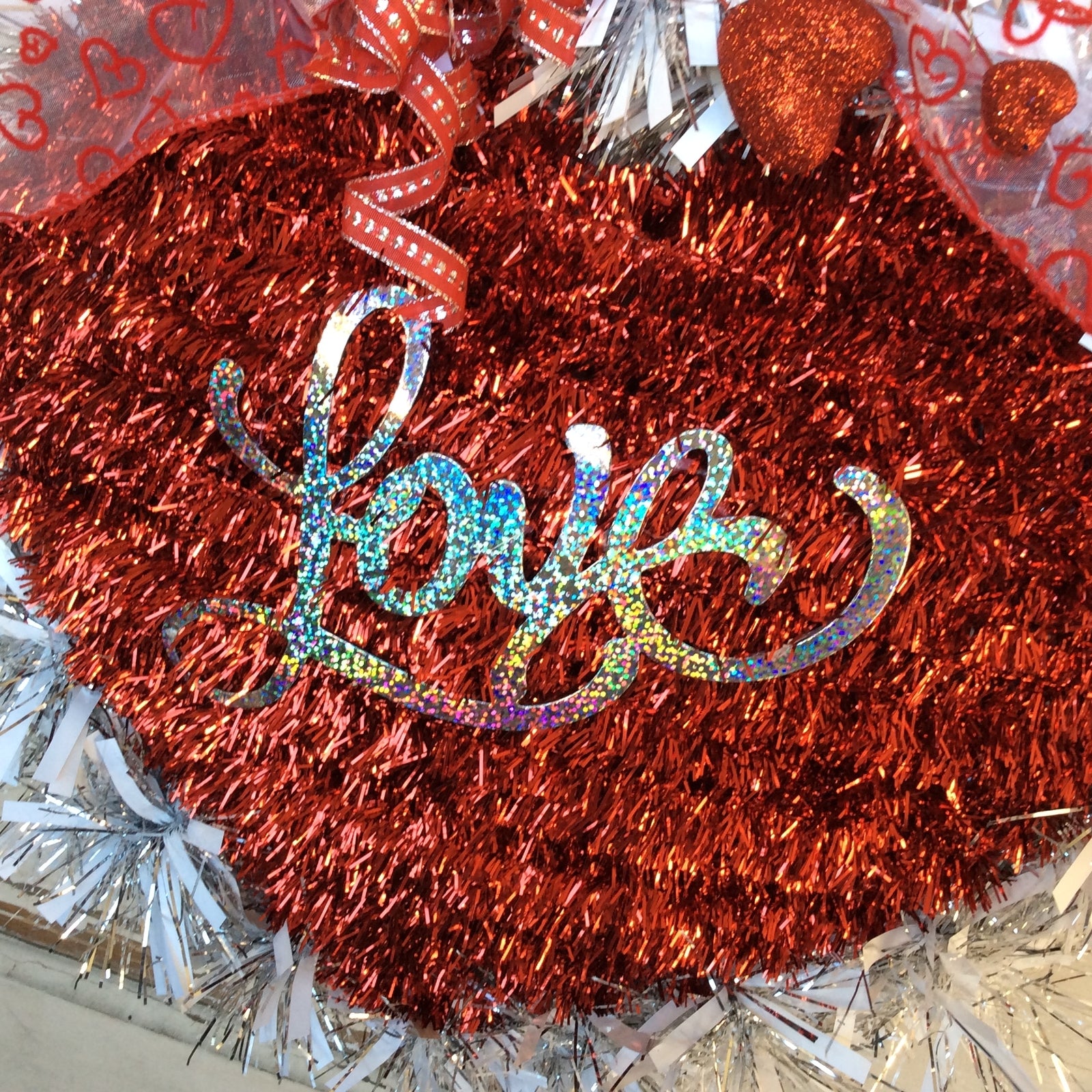 AGD Valentines Decor - Red Silver White Love Heart Tinsel Wreath